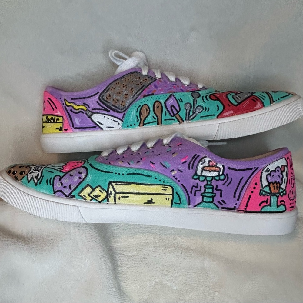 Hand-Painted Baking Women’s Sneakers Wearable Art 11 Green Purple